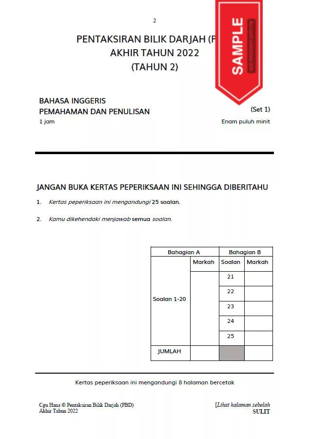 Soalan Ujian PBD Akhir Bahasa Inggeris Tahun 2 2022