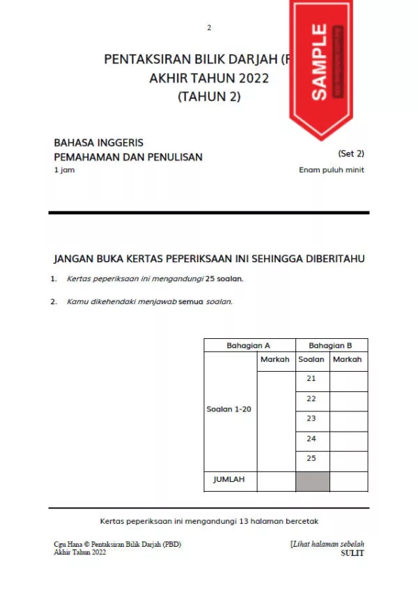 Soalan Ujian PBD Akhir Bahasa Inggeris Tahun 2 2022