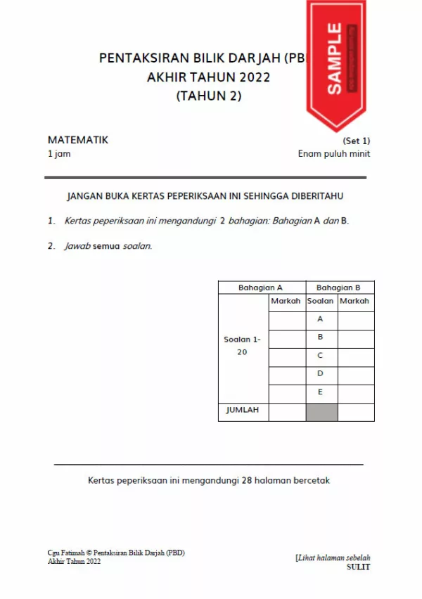 Soalan Ujian PBD Akhir Matematik Tahun 2 2022