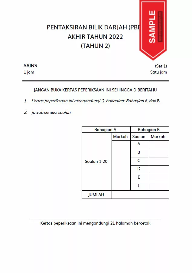 Soalan Ujian PBD Akhir Sains Tahun 2 2022