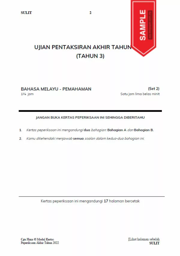 Soalan Ujian PBD Akhir Bahasa Melayu Tahun 3 2022