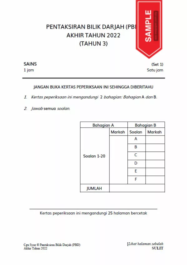 Soalan Ujian PBD Akhir Sains Tahun 3 2022