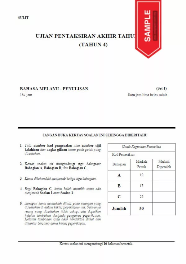 Soalan Ujian PBD Akhir Bahasa Melayu Tahun 4 2022