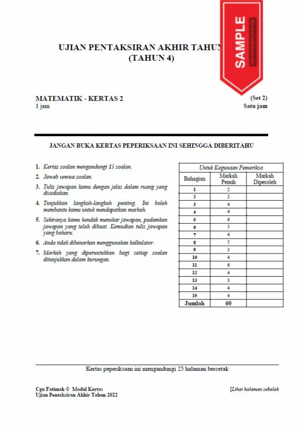 Soalan Ujian PBD Akhir Matematik Tahun 4 2022