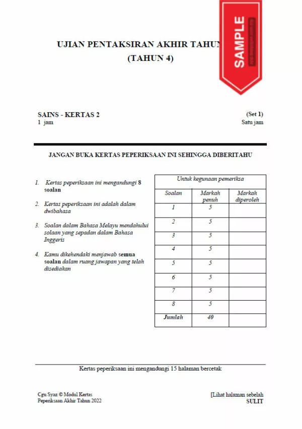 Soalan Ujian PBD Akhir Sains Tahun 4 2022