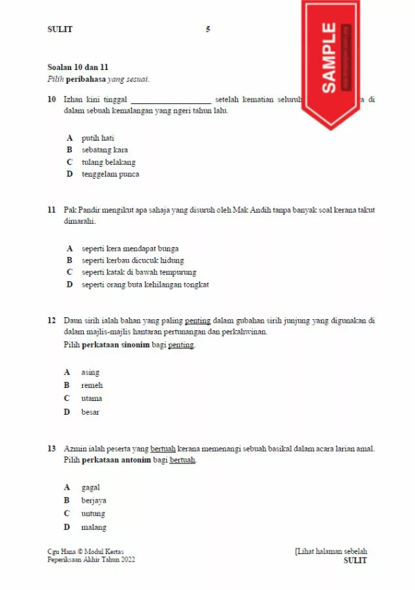 Soalan Ujian PBD Akhir Bahasa Melayu Tahun 5 2022
