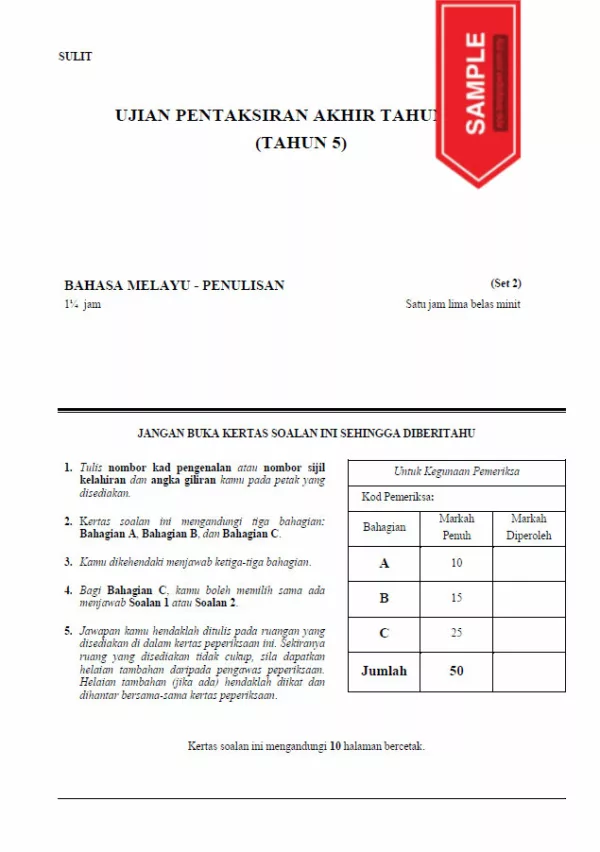 Soalan Ujian PBD Akhir Bahasa Melayu Tahun 5 2022