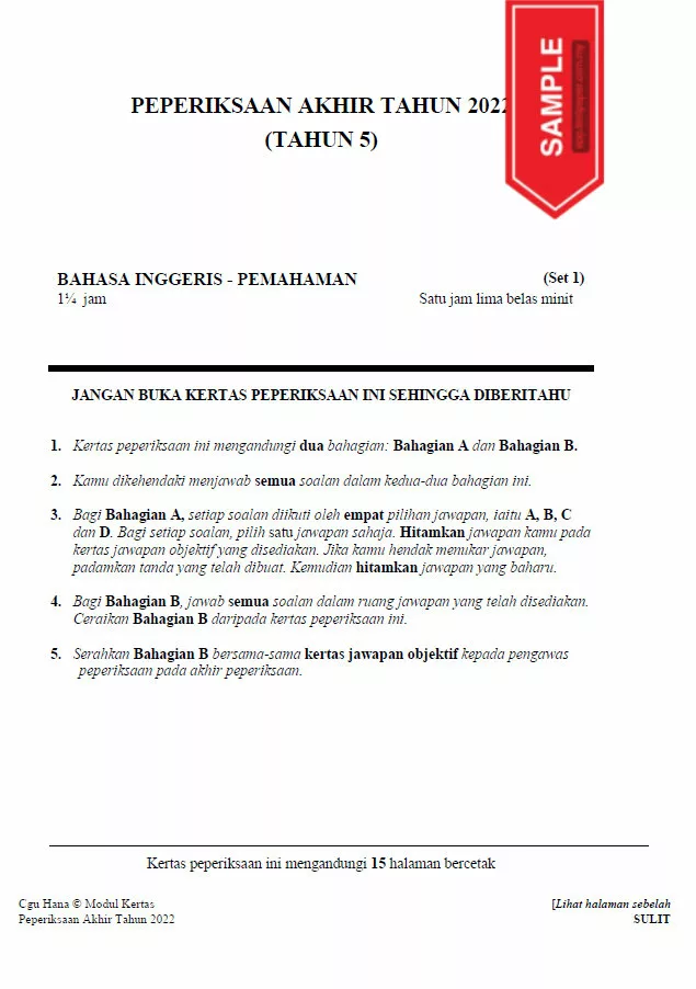 Soalan Ujian PBD Akhir Bahasa Inggeris Tahun 5 2022