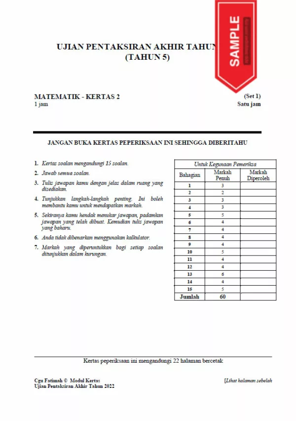 Soalan Ujian PBD Akhir Matematik Tahun 5 2022