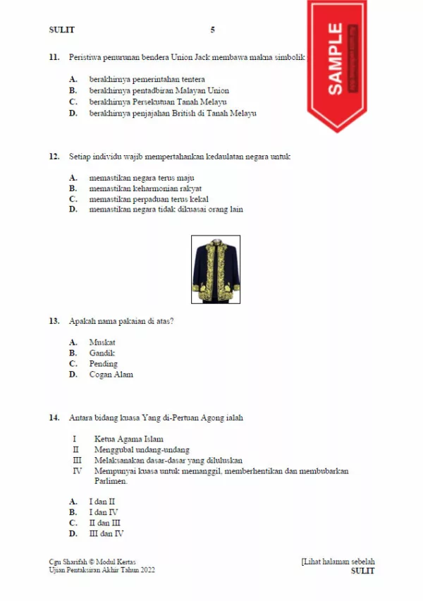 Soalan Ujian PBD Akhir Sejarah Tahun 5 2022
