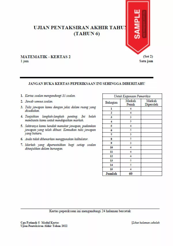 Soalan Ujian PBD Akhir Matematik Tahun 6 2022