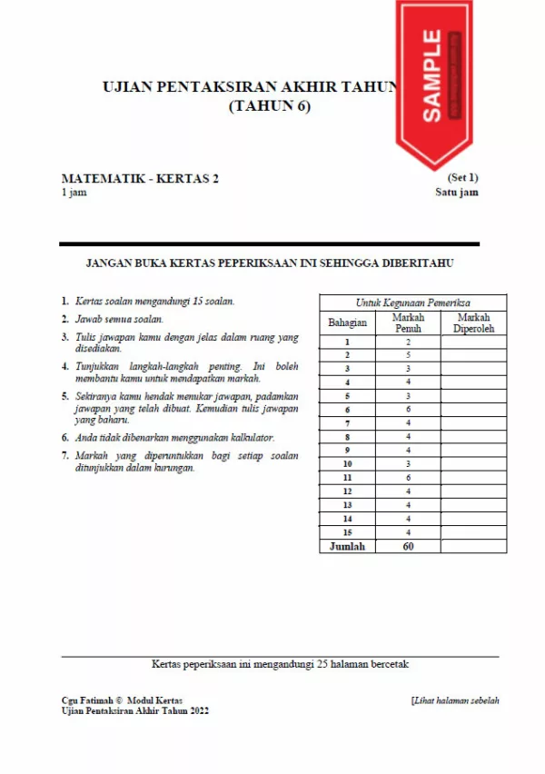 Soalan Ujian PBD Akhir Matematik Tahun 6 2022