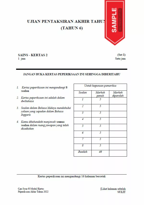 Soalan Ujian PBD Akhir Sains Tahun 6 2022