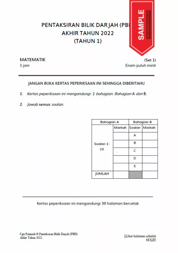 Soalan Ujian PBD Akhir Tahun 1 2022