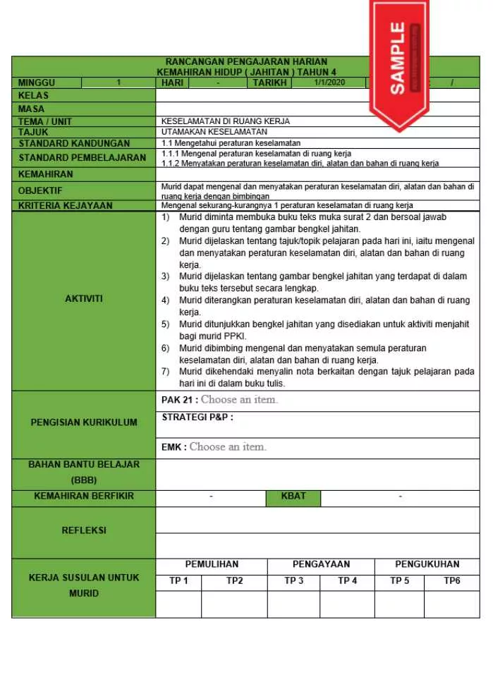 RPH dan RPT PPKI Kemahiran Hidup Jahitan Tahun 4 TS25