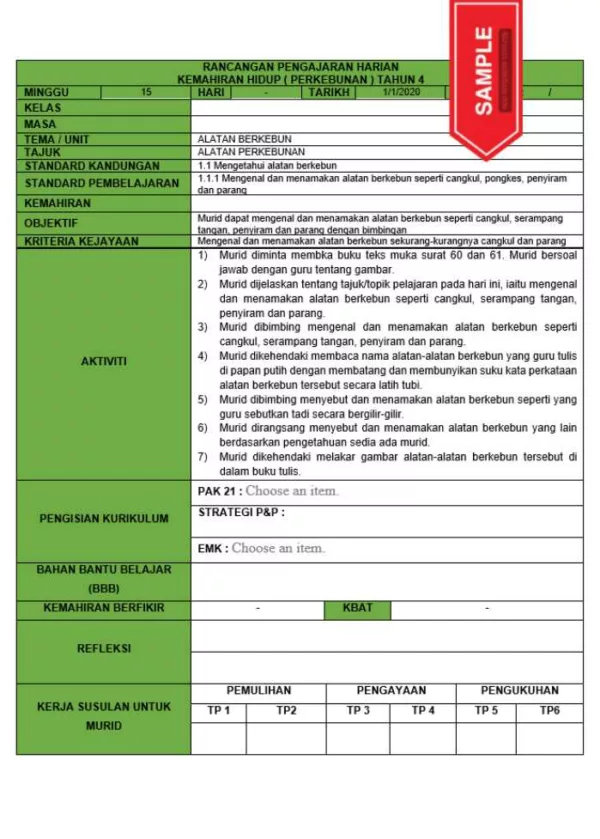 RPH dan RPT PPKI Kemahiran Hidup Perkebunan Tahun 4 TS25