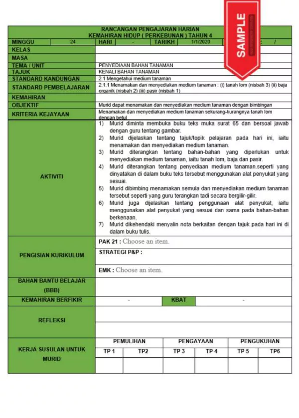 RPH dan RPT PPKI Kemahiran Hidup Perkebunan Tahun 4 TS25