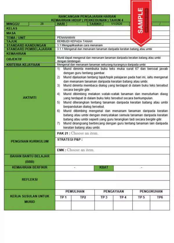 RPH dan RPT PPKI Kemahiran Hidup Perkebunan Tahun 4 TS25