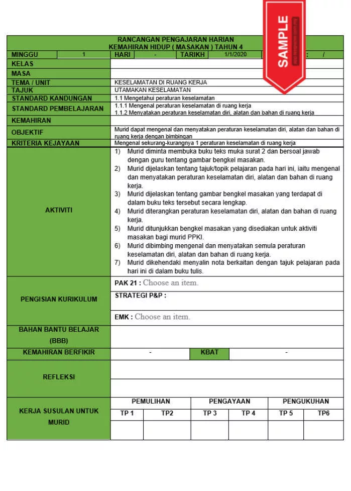 RPH dan RPT PPKI Kemahiran Hidup Masakan Tahun 4 TS25