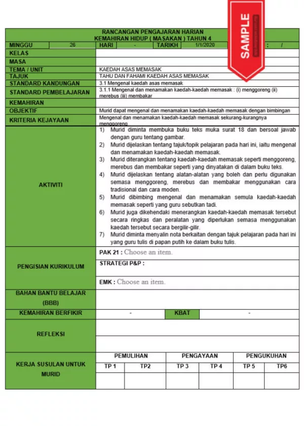 RPH dan RPT PPKI Kemahiran Hidup Masakan Tahun 4 TS25