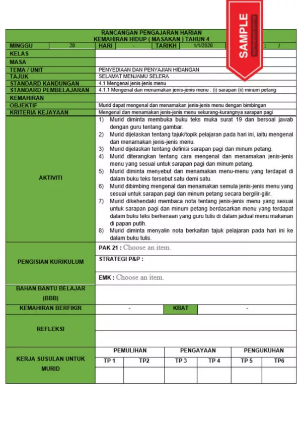 RPH dan RPT PPKI Kemahiran Hidup Masakan Tahun 4 TS25