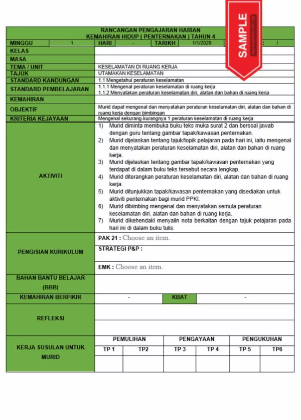 RPH dan RPT PPKI Kemahiran Hidup Pertenakan Tahun 4 TS25