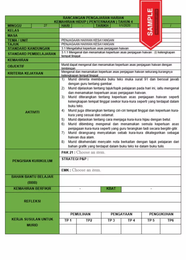 RPH dan RPT PPKI Kemahiran Hidup Pertenakan Tahun 4 TS25