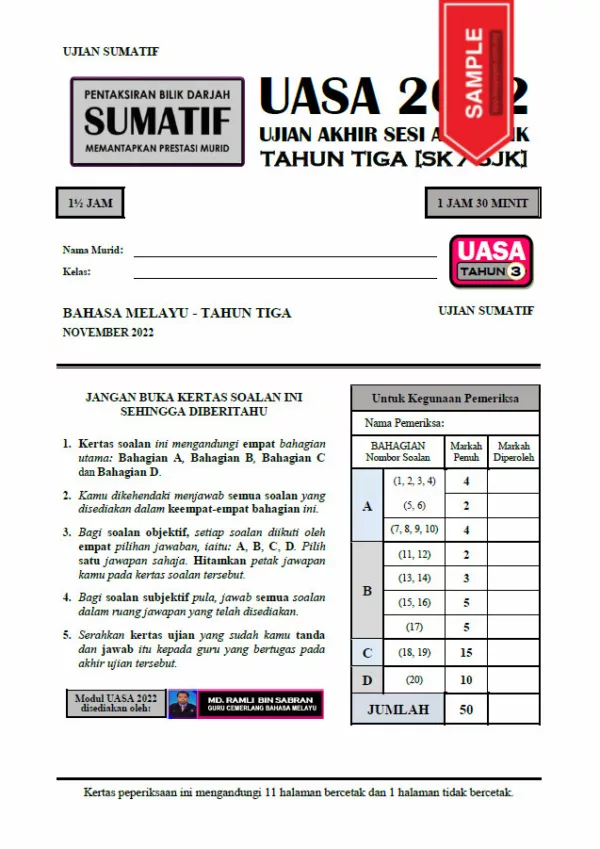 Soalan Ujian Akhir Tahun BM Tahap 1 2022 UASA