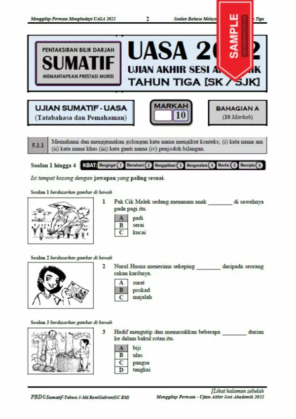 Soalan Ujian Akhir Tahun BM Tahap 1 2022 UASA