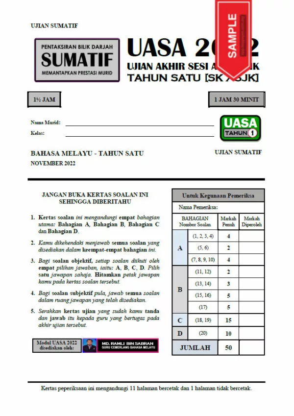 Soalan Ujian Akhir Tahun BM Tahap 1 2022 UASA