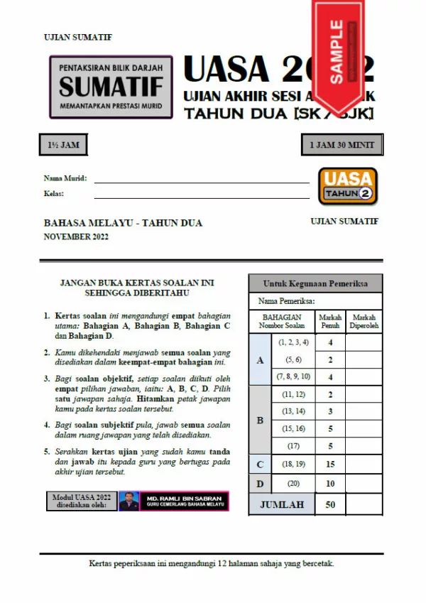 Soalan Ujian Akhir Tahun BM Tahap 1 2022 UASA