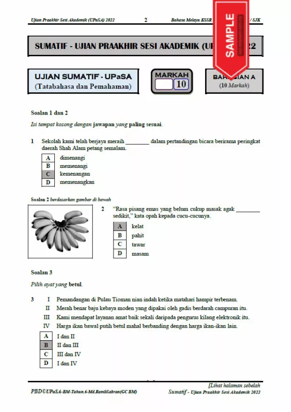 Soalan Ujian Akhir Tahun BM Tahap 2 2022 UPASA