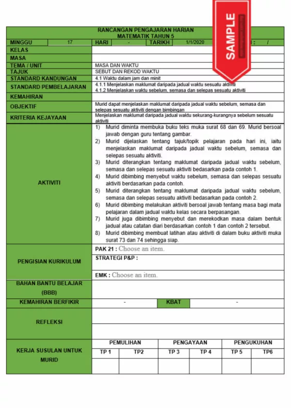 RPH dan RPT PPKI Matematik Tahun 5 TS25