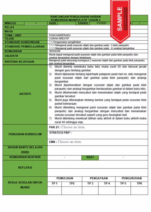 RPH dan RPT PPKI Kemahiran Manipulatif Tahun 5 TS25