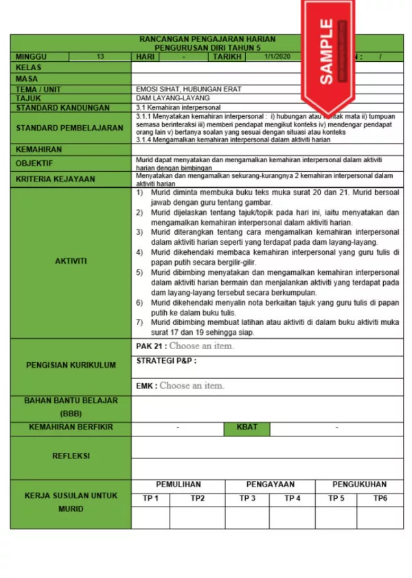 RPH dan RPT PPKI Pengurusan Diri Tahun 5 TS25