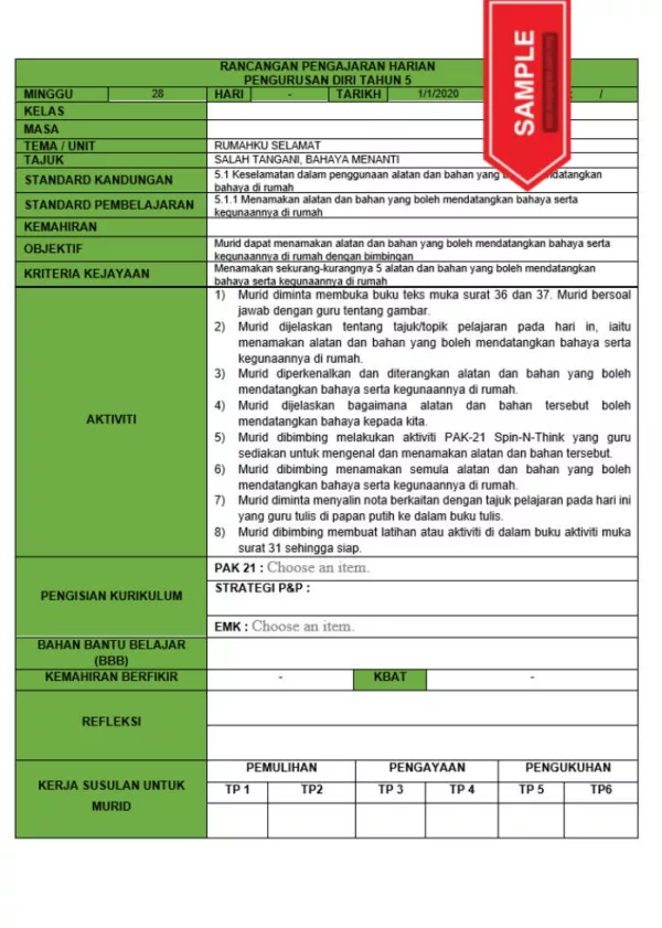 RPH dan RPT PPKI Pengurusan Diri Tahun 5 TS25