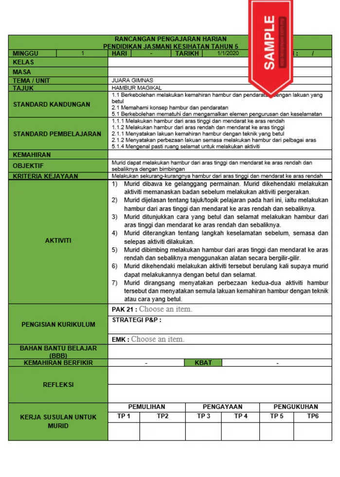 RPH dan RPT PPKI Pendidikan Jasmani Kesihatan Tahun 5 TS25