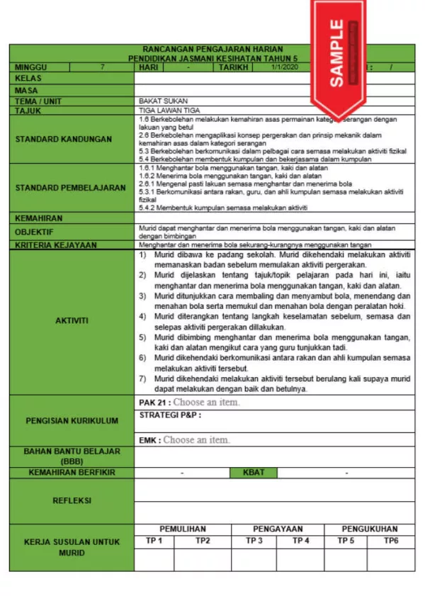 RPH dan RPT PPKI Pendidikan Jasmani Kesihatan Tahun 5 TS25