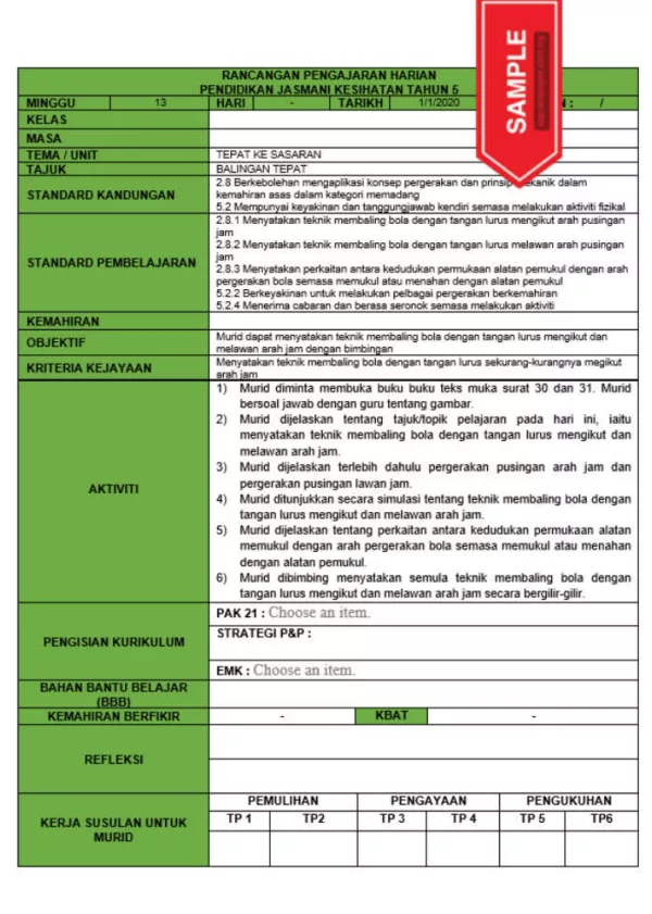 RPH dan RPT PPKI Pendidikan Jasmani Kesihatan Tahun 5 TS25