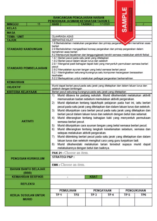 RPH dan RPT PPKI Pendidikan Jasmani Kesihatan Tahun 5 TS25