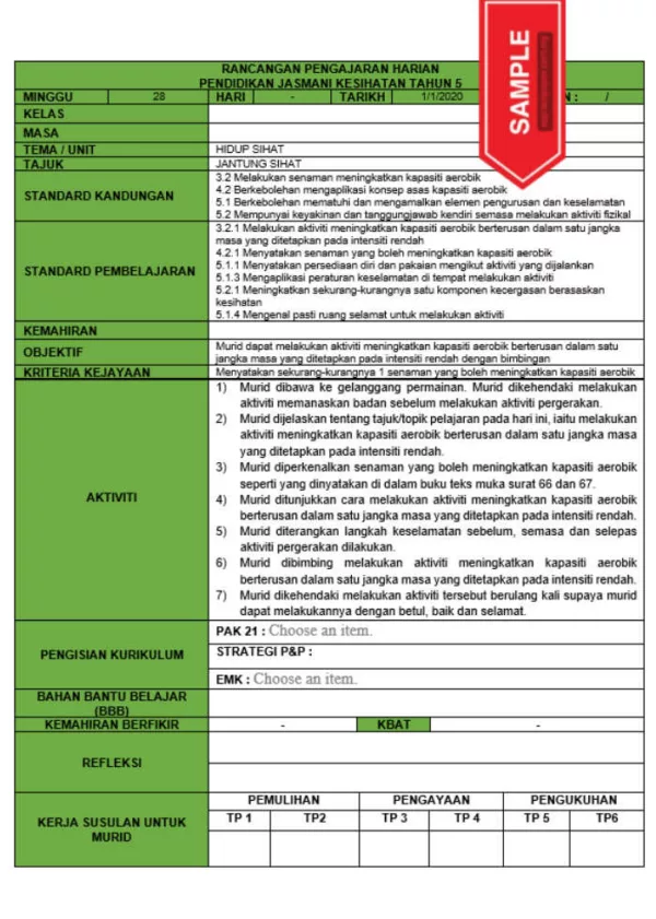 RPH dan RPT PPKI Pendidikan Jasmani Kesihatan Tahun 5 TS25