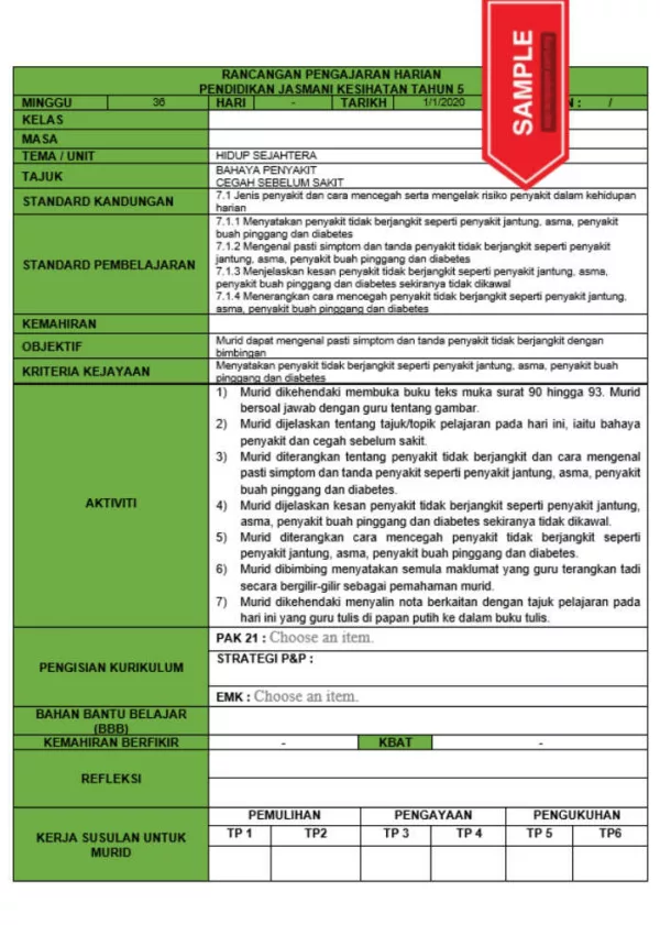 RPH dan RPT PPKI Pendidikan Jasmani Kesihatan Tahun 5 TS25