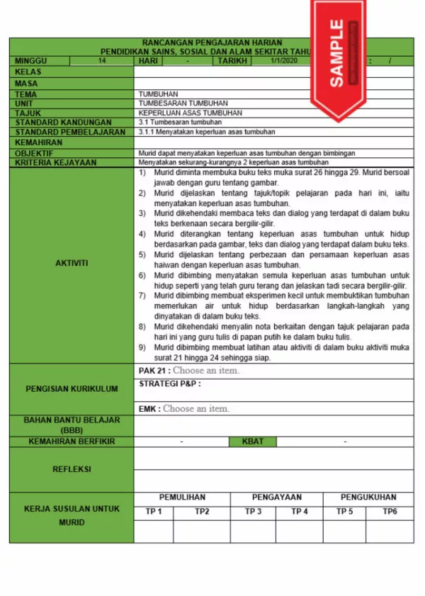 RPH dan RPT PPKI Pendidikan Sains Sosial dan Alam Sekitar Tahun 5 TS25