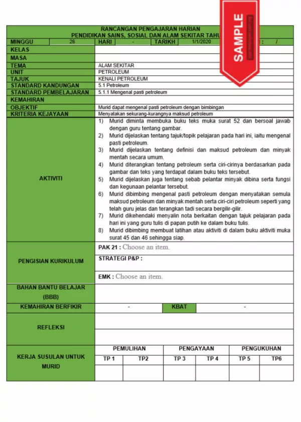 RPH dan RPT PPKI Pendidikan Sains Sosial dan Alam Sekitar Tahun 5 TS25