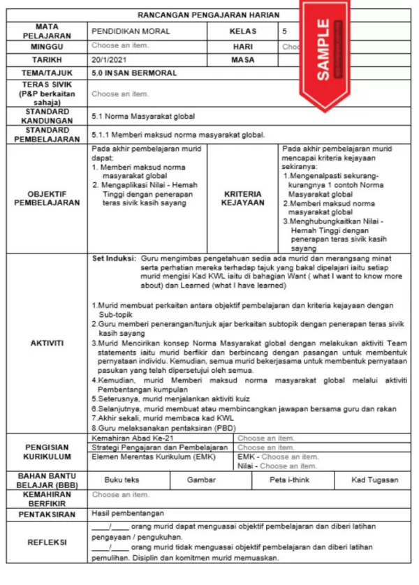 RPH Pendidikan Moral Tingkatan 5 KSSM