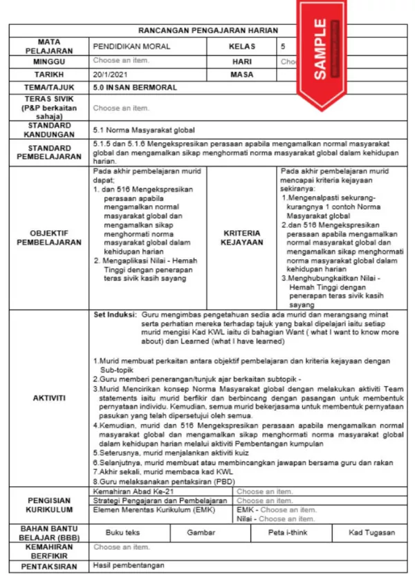 RPH Pendidikan Moral Tingkatan 5 KSSM