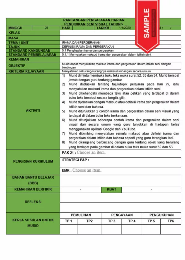 RPH dan RPT PPKI Pendidikan Seni Visual Tahun 5 TS25