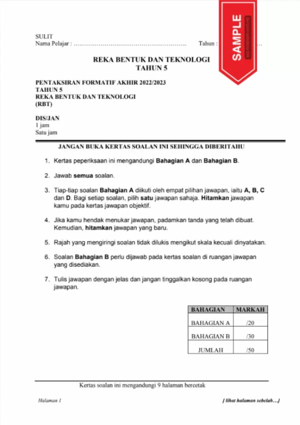 Soalan Ujian Formatif Akhir RBT Tahun 5 2022-2023