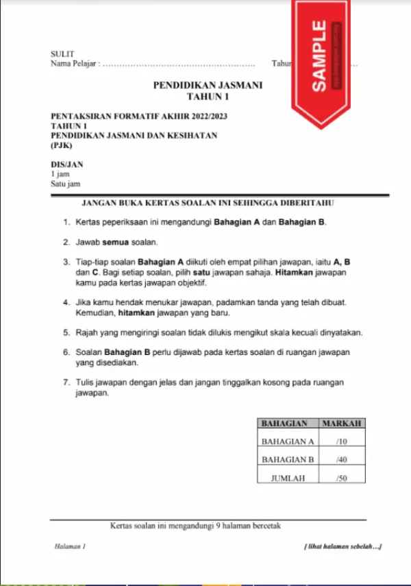 Soalan Ujian Formatif Akhir Pendidikan Jasmani Kesihatan Tahun 1 2022-2023