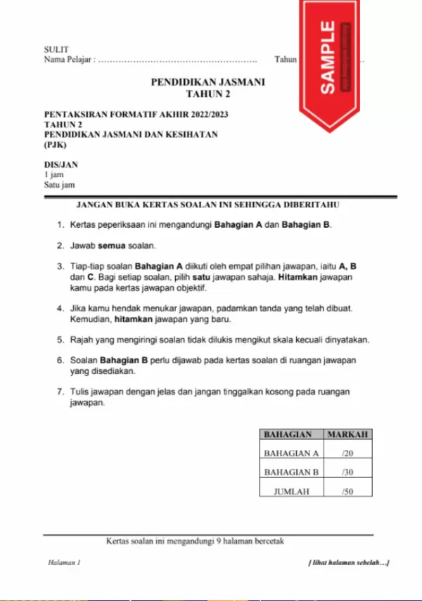 Soalan Ujian Formatif Akhir Pendidikan Jasmani Kesihatan Tahun 2 2022-2023